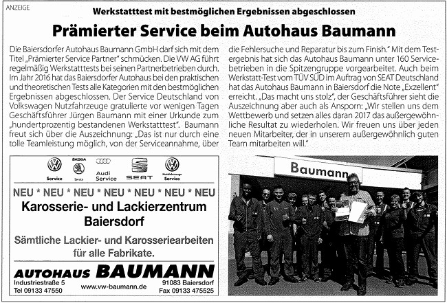 2016 - Prämierter Service beim Autohaus Baumann
